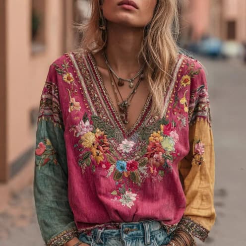 صورة المنتج Women's Casual Vintage Bohemian V-neck Top With Ethnic-style Long Sleeves