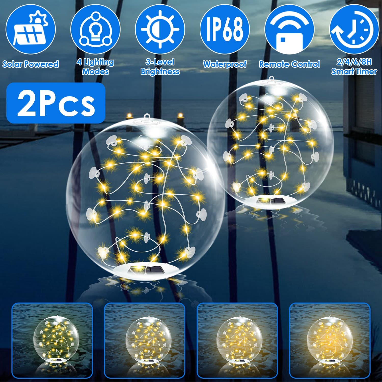 صورة المنتج 2Pcs Floating Pool Lights 14in Solar Powered Pool Balls IP68 Waterproof Inflatable Pool Decoration Lights With Remote Control 3 Light Modes Timer Adjustable Brightness