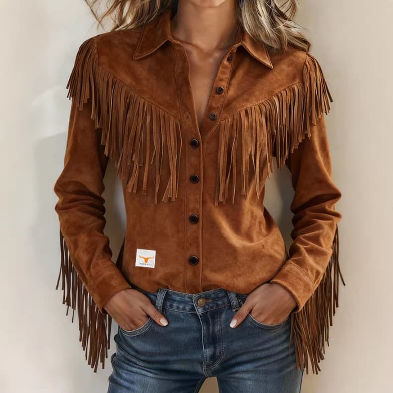Product image: Womens Suede Jacket With Notch Lapel And Tassel Trim