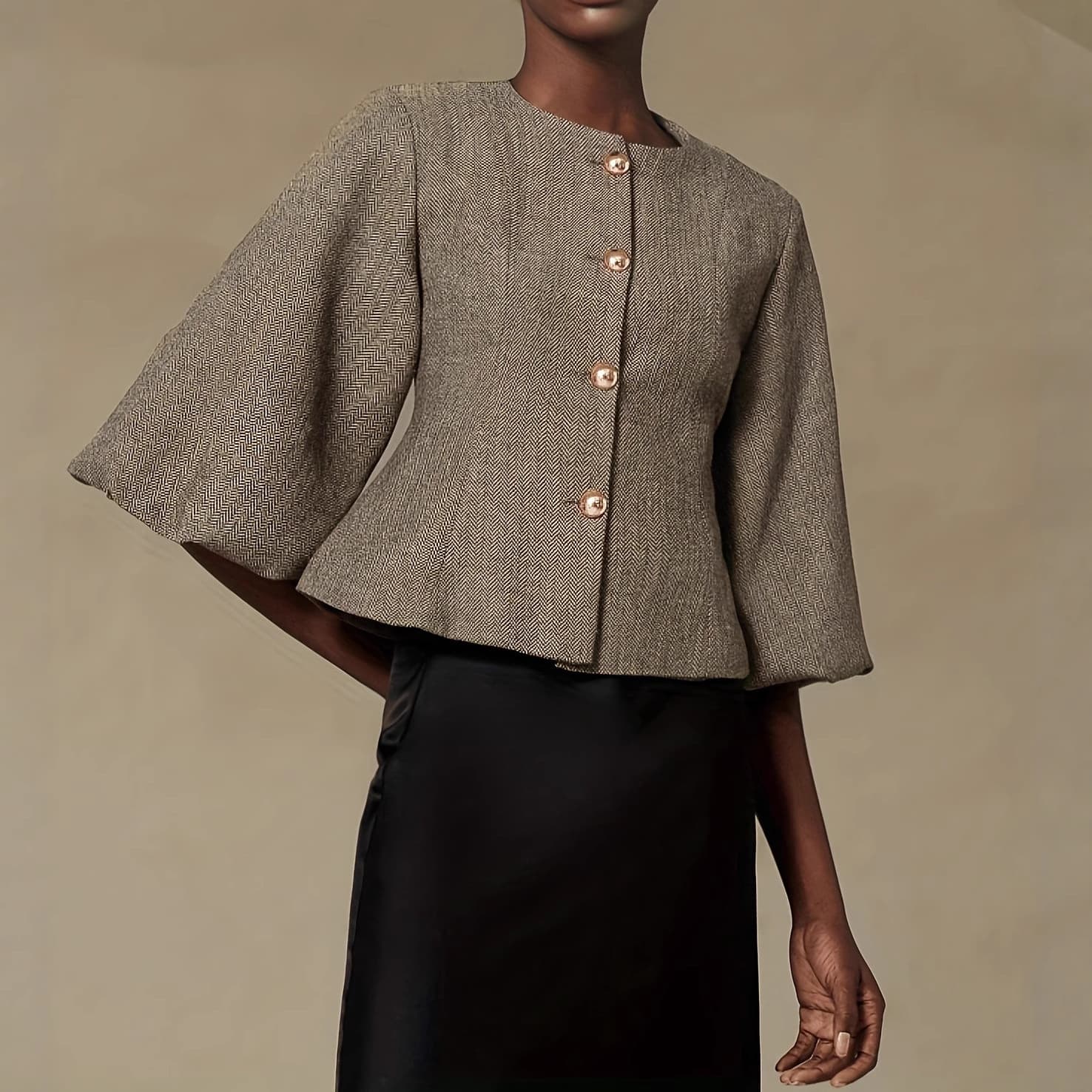 Product image: Best-selling Vintage Beige Belted Blazer With Balloon Sleeves