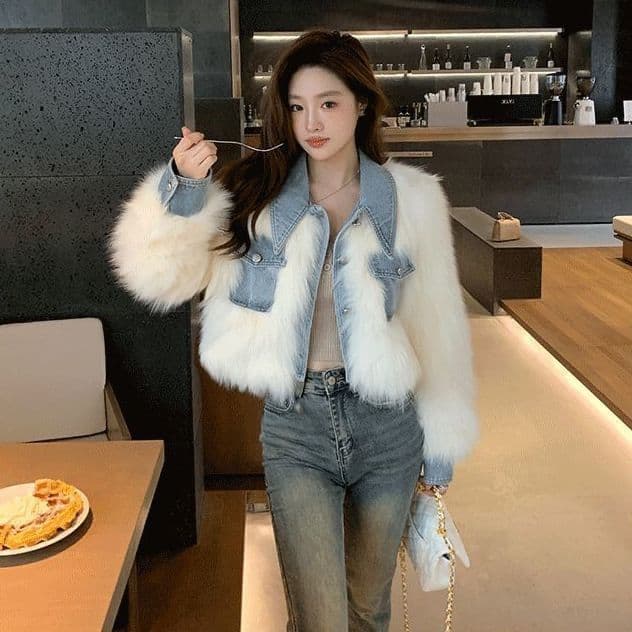Product image: Womens Denim Patchwork Faux Fur Short Coat